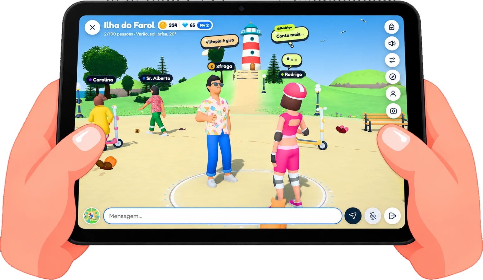 Mãos a segurar um tablet com a Ilha.gg aberta na Ilha do Farol